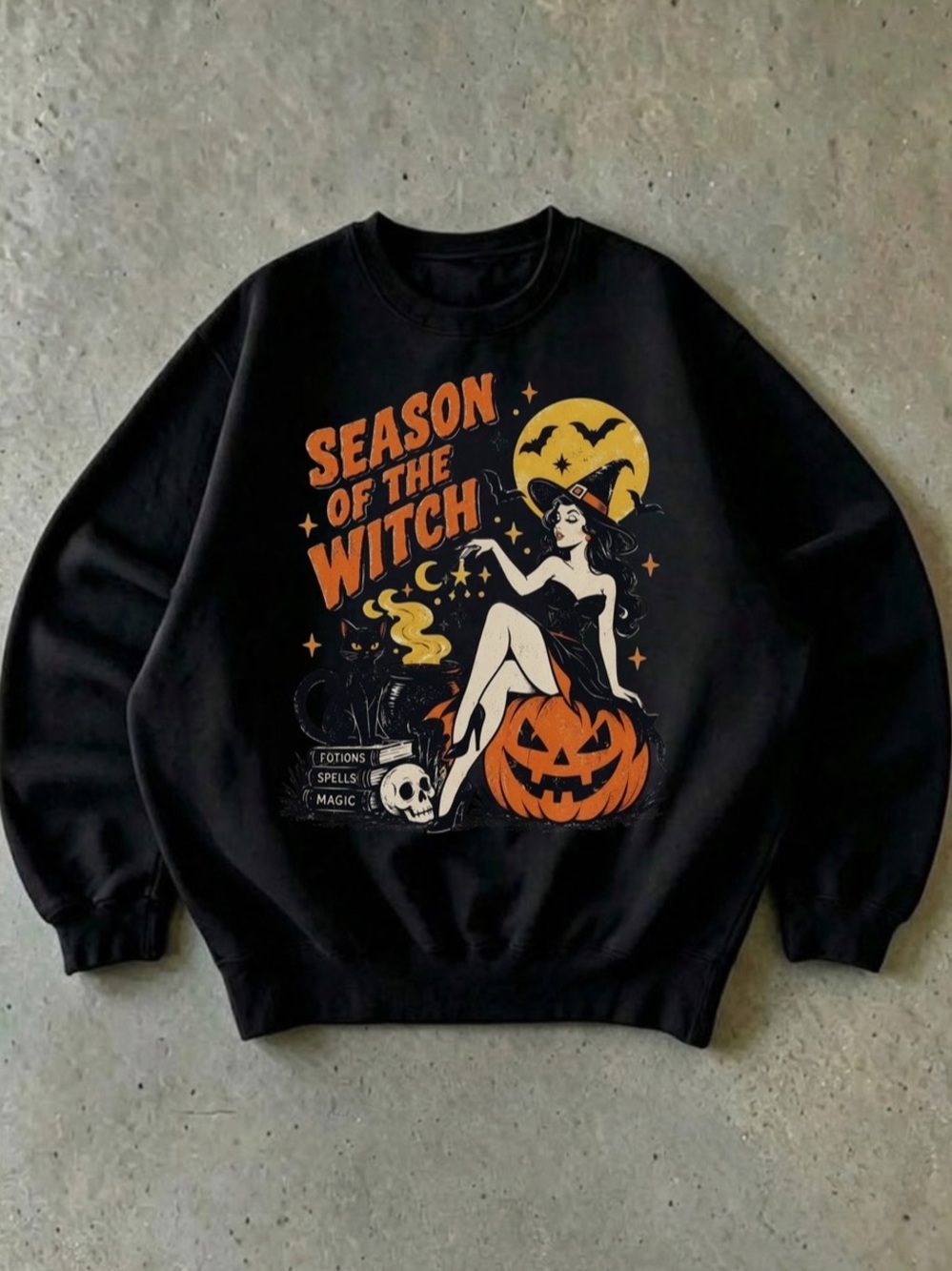 Vintage Season Of The Witch Graphic Halloween Sweatshirt in Black